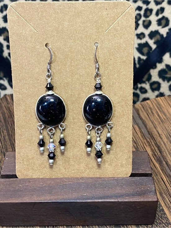 Unbranded Jewelry - Black Sparkle Cabochon AB Crystal Bead Dangle Earrings with Silver-Tone Accents